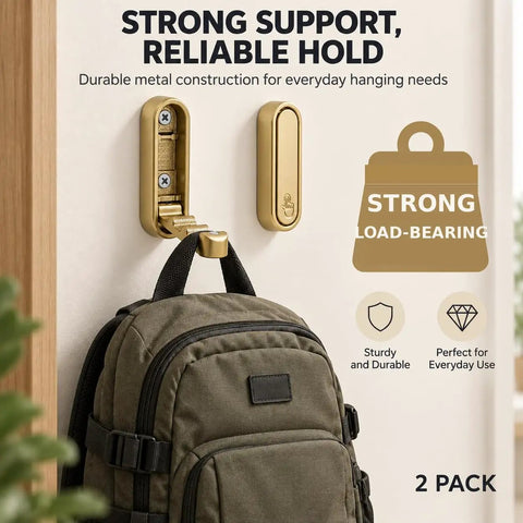 Big Shot Heavy Duty Foldable Wall Hooks Built From Tough Zinc Alloy Featuring A Clean Gold Tone for backpack hanging with strong support.