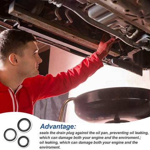 Mechanic using Bonded Seal Set With Self Centering Gasket Assortment For Automotive Use under car, preventing oil leakage
