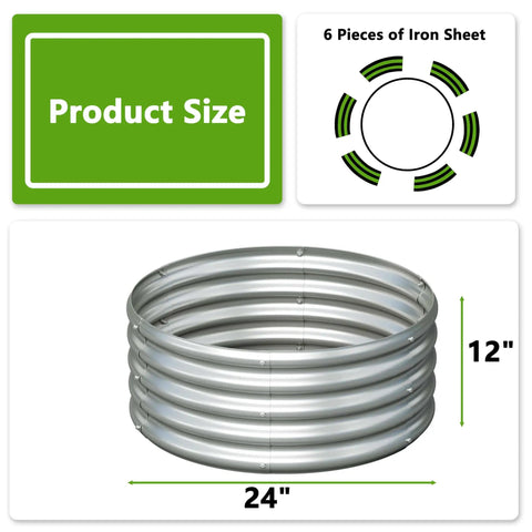 Two Pack Galvanized Round Raised Garden Bed Kit 2x2x1 Feet For Veggies Herbs Flowers Outdoor Planter Box Easy Assembly Rust Resistant Durable Steel Silver showing size and sectional view.