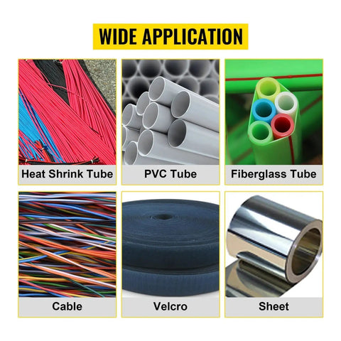 Fully Automatic Heat Shrink Tube Cutter With 250W Electric Blade And Micro Computer Control For Precision Cutting Of sleeve rubber cable pipe and film great for electronics and auto parts projects in stainless steel build featuring heat shrink tubes.
