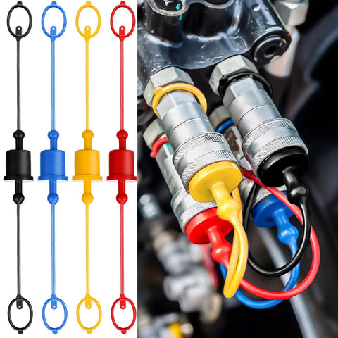 Four Pack 3/8 Inch Hydraulic Hose Cap Set With Quick Coupler Covers Including Male Dust Caps And Female Plug Caps, Four Each In Red Yellow Black Blue