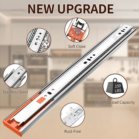 14 Inch Soft Close Drawer Slides With Full Extension Stainless Steel Side Mount Glides, heavy duty for cabinets, 150 lbs capacity.