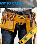 Tool belt with eight pack telescoping magnetic pickup tools with 1.5, 3, 10, and 15 lb capacity in pockets, worker holding level