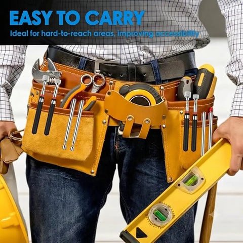 Tool belt with eight pack telescoping magnetic pickup tools with 1.5, 3, 10, and 15 lb capacity in pockets, worker holding level