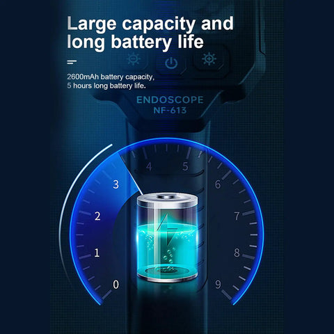 Handheld Endoscope Camera With 2.8 Inch IPS Display And Eight LEDs, battery monitor displaying 2600mAh capacity and usage.