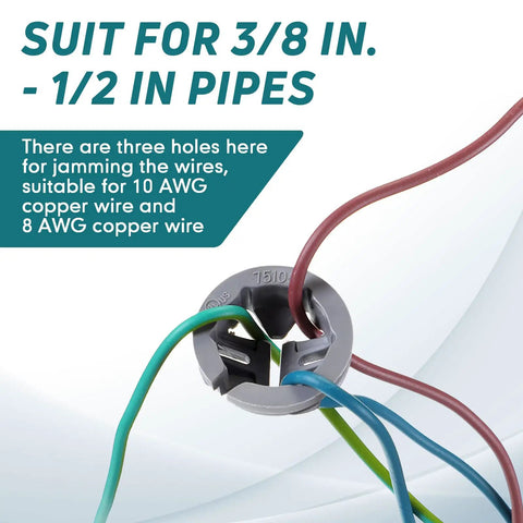 No Fuss 120 Gray Push In Wire Connectors For Nonmetallic Cable Wiring 3/8 To 1/2 Inch close-up with copper wires.
