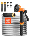 Stainless Steel Garden Hose 50 Ft With 10 Function Spray Nozzle, Built Tough Heavy Duty Flexible Water Hose, coiled with fittings shown