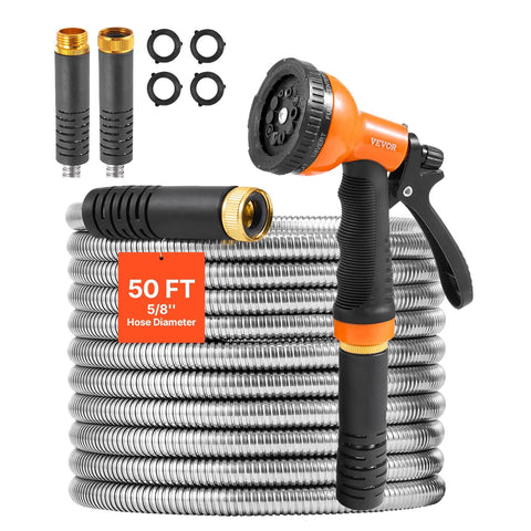 Stainless Steel Garden Hose 50 Ft With 10 Function Spray Nozzle, Built Tough Heavy Duty Flexible Water Hose, coiled with fittings shown