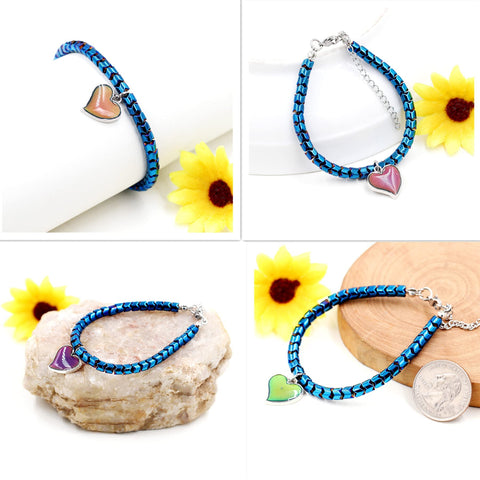 His And Hers Dope Mood Heart Hematite Bracelets Set shown with color-changing heart charm and adjustable design