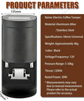No Nonsense Electric Coffee Tamper 58mm Stainless Steel Press with details on dimensions and specifications on display.