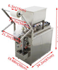 Automatic Pneumatic Paste And Liquid Filling Machine With Stainless Steel Horizontal Mixing Hopper For Sauces Oils Honey And Condiments 10 To 100 ML with dimensions shown.
