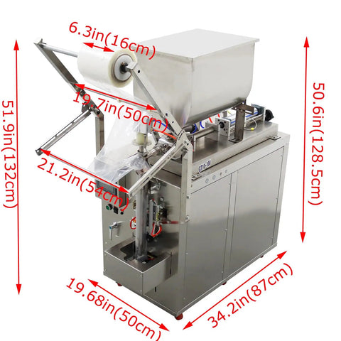 Automatic Pneumatic Paste And Liquid Filling Machine With Stainless Steel Horizontal Mixing Hopper For Sauces Oils Honey And Condiments 10 To 100 ML with dimensions shown.