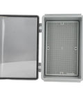 Big Abs Plastic Electrical Junction Box 175x275x110mm Waterproof Ip67 Enclosure with open lid and grid base.
