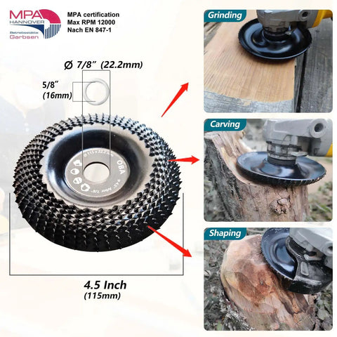 Premium 4 5 Inch Wood Carving Disc For Angle Grinder with 5 8 Arbor Reducer Ring, shown working on wood for carving.