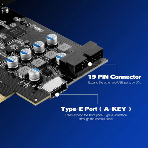 Dope 10Gbps PCIe USB C Expansion Card With Internal Type E To Type C Connector And 19 Pin USB Header, close-up of ports