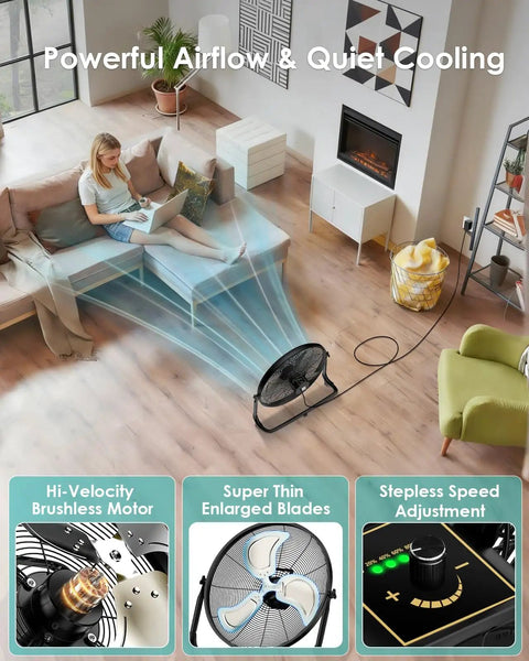 Living room with woman seated on sofa, 20 Inch Large Solar Powered Floor Fan Portable Battery Operated Cordless providing airflow.