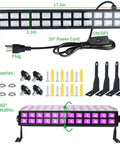 Two Pack 60W LED Black Light Bar With Remote For Glow Parties showing dimensions and included accessories.