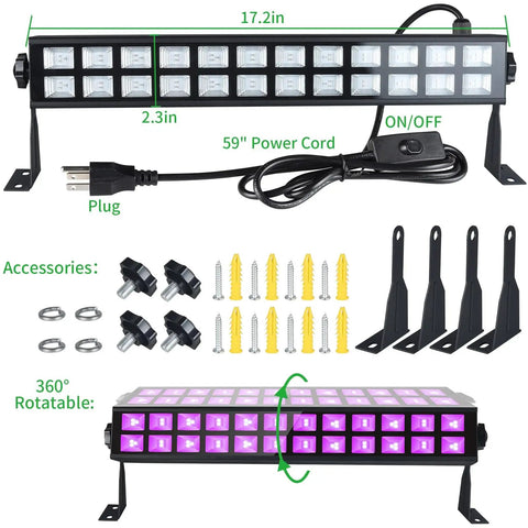 Two Pack 60W LED Black Light Bar With Remote For Glow Parties showing dimensions and included accessories.