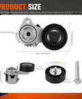 Upgrade Your BMW 3.0L Ride Smooth With A Fresh Serpentine Drive Belt Tensioner And Idler Pulley Kit For 2006 To 2013 Models Like The 325i 328xi And X3 That Keep The Engine Purring Without Any Weird Noises Or Slippage. Product size chart showing tensioner, idler pulley, and mounting bolt measurements