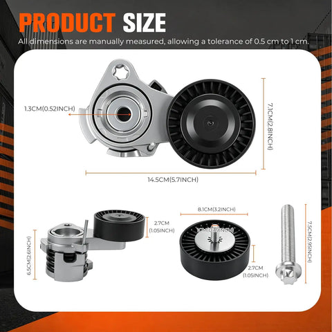 Upgrade Your BMW 3.0L Ride Smooth With A Fresh Serpentine Drive Belt Tensioner And Idler Pulley Kit For 2006 To 2013 Models Like The 325i 328xi And X3 That Keep The Engine Purring Without Any Weird Noises Or Slippage. Product size chart showing tensioner, idler pulley, and mounting bolt measurements