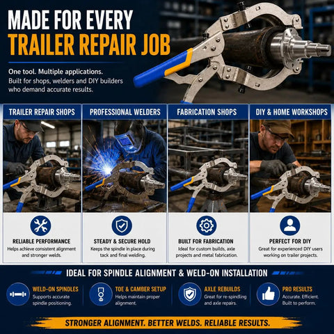 Heavy Duty Trailer Axle Spindle Alignment Clamp Weld On Spindle Jig holds spindle square for precise alignment in trailer repairs.