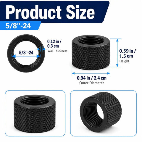 Five eighths by twenty four thread protector cap size details including wall thickness and outer diameter for LR308 rifles.