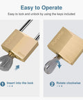 Keyed Padlock Waterproof Solid Brass Lock 2.6 Inch With Keys shown in easy-to-operate steps, insert and rotate key to lock/unlock.