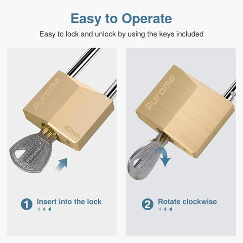 Keyed Padlock Waterproof Solid Brass Lock 2.6 Inch With Keys shown in easy-to-operate steps, insert and rotate key to lock/unlock.