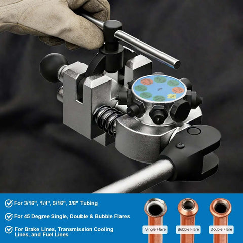 Professional Brake Line Flaring Tool Kit For 45 Degree Single Bubble And Double Flare in use with 3/16 inch to 3/8 inch tubing