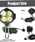 Lit Ebike Front Light With Horn For Night Riding Waterproof 4 Light Headlight With 3 Pin Connector shown with dimensions