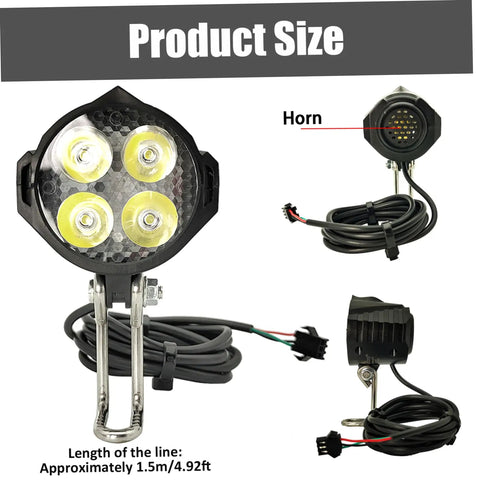 Lit Ebike Front Light With Horn For Night Riding Waterproof 4 Light Headlight With 3 Pin Connector shown with dimensions