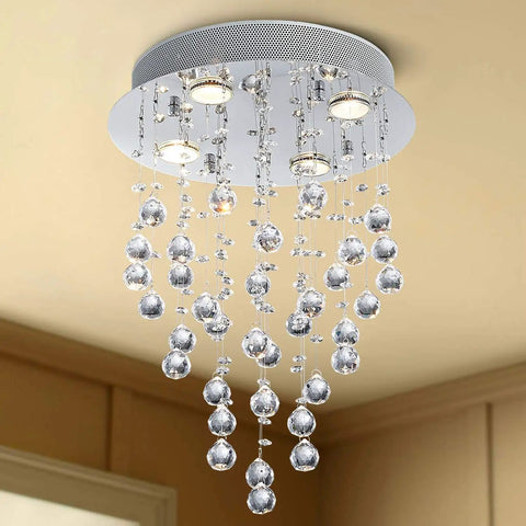 Lit Modern Crystal Round Raindrop Chandelier Flush Mount LED Ceiling Light Fixture For Dining Room Living Room Bedroom And Bathroom 14 Inch Wide 20 Inch High 4 GU10 Bulbs Required Dimmable And Energy Saving Compatible