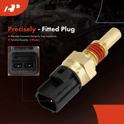 Close-up of A-Premium 2-pin engine coolant temperature sensor with brass body and black plastic connector