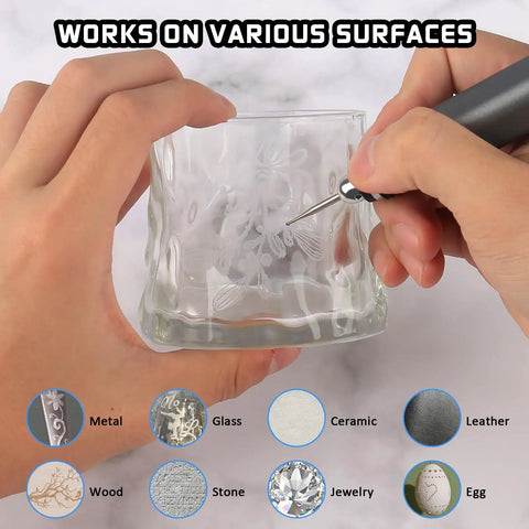 Using Upgraded 21000 RPM Cordless Engraving Pen Kit on glass with metal tip, highlighting multi-surface capability.