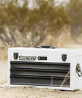 Heavy Duty 3 Drawer Steel Tool Box With Locking System, portable hand carry toolbox, white finish, shown in desert setting