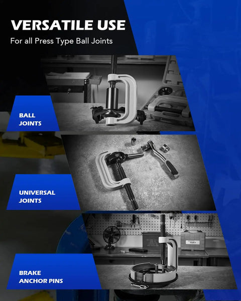 Heavy Duty Workhorse Twenty Three Piece Ball Joint Press Kit with sockets for ball joints, universal joints, and brake anchor pins.