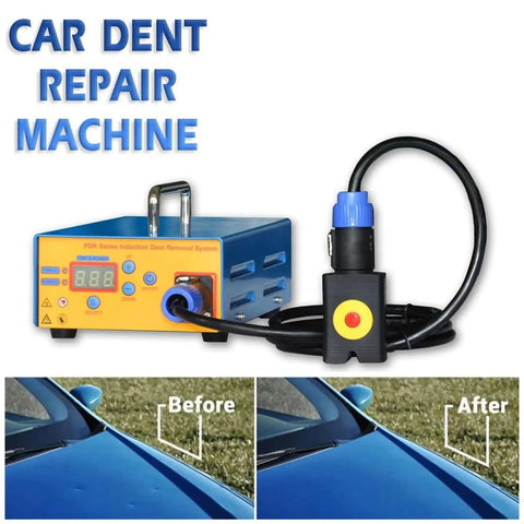 Induction Heat Auto Body Dent Repair Kit with digital display, showing before and after car dent repair result.