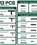 Garage-Ready Car Vacuum Hose Kit Set With 6 Five-Foot Hoses And 113 Connectors, showing different types and sizes of connectors.