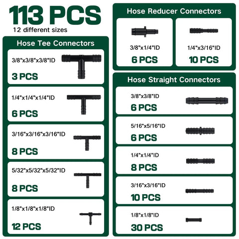 Garage-Ready Car Vacuum Hose Kit Set With 6 Five-Foot Hoses And 113 Connectors, showing different types and sizes of connectors.