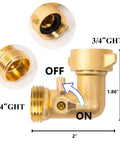 90 Degree Brass Garden Hose Adapter With Shut Off Valve For Easy Water Flow Control No Fuss 3 Quarter Inch Solid Brass Elbow Connector Durable Outdoor Hose Fitting Includes 4 Replacement Washers 2 Pack For Leak Free Connections, 3/4" GHT