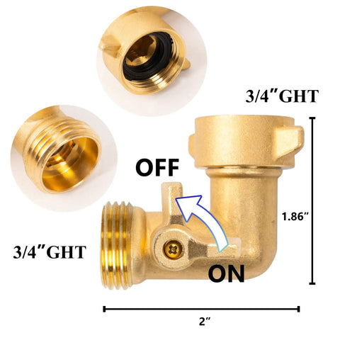 90 Degree Brass Garden Hose Adapter With Shut Off Valve For Easy Water Flow Control No Fuss 3 Quarter Inch Solid Brass Elbow Connector Durable Outdoor Hose Fitting Includes 4 Replacement Washers 2 Pack For Leak Free Connections, 3/4" GHT