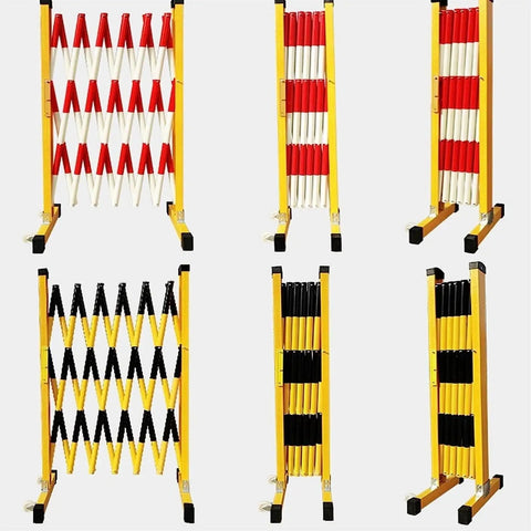 No Fuss Heavy Duty Rolling Scissor Barricade, Expanding Safety Fence Gate With Easy Roll Stoppers in red and black color configurations.