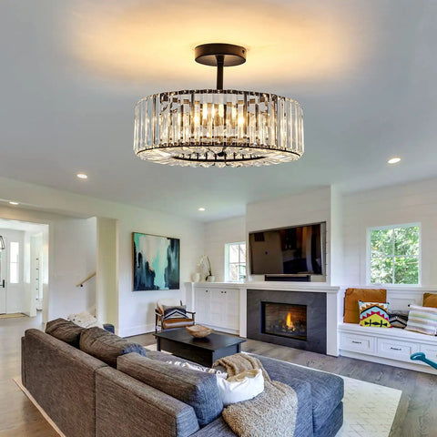 Black Round 4 Light Crystal Chandelier Semi Flush Mount Ceiling Fixture in living room setting