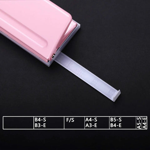 Adjustable 6 Hole Punch For Planners And Binders, durable metal puncher with pink finish, fits notebooks, A4 to pocket size gauge visible