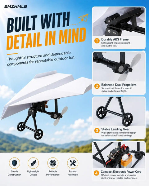 Remote Control Paper Airplane Kit With Gyro Stabilizer And Dual Propellers, product features display.
