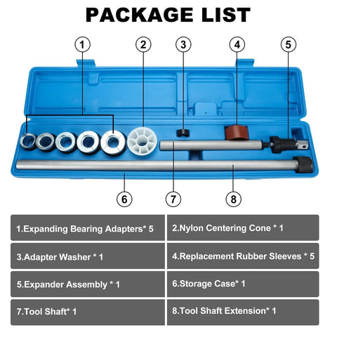 Front view of BTSHUB cam bearing removal tool set in blue case; 8-piece kit with metal shafts and nylon centering cone.
