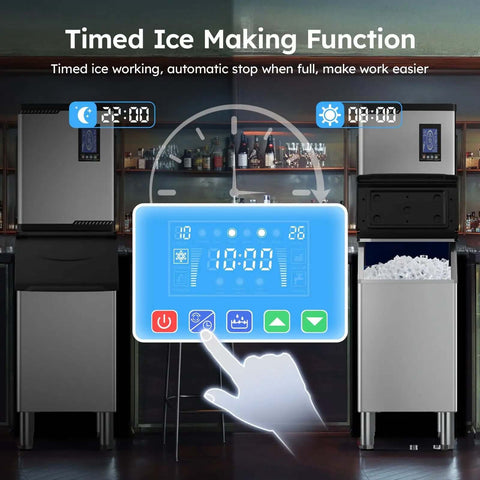 Commercial Ice Machine Delivers 850 Lbs Per Day, 460 Lbs Ice Storage, Heavy Duty Ice Maker with digital timer display.