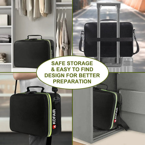 Collage of Go-To Fireproof Document Bag With Lock and Reflective Strip, 16x11x5 inches, in closet, on luggage, and in a safe
