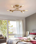 Gold Modern Sputnik Chandelier With Six Lights Dope Look Industrial Metal Semi Flush Mount Ceiling Light in bedroom setting