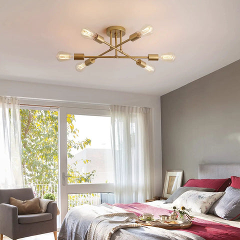 Gold Modern Sputnik Chandelier With Six Lights Dope Look Industrial Metal Semi Flush Mount Ceiling Light in bedroom setting